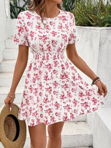 Breezaya Short-Sleeve Smocked Waist Printed Dress, The Simple Short-Sleeve Design Brings Summer Freshness, The Smocked Waist Technology Fits The Figure And Outlines A Graceful Curve, The Unique Printed Fabric Adds Visual Highlights, The Length To The Thighs Shows Neatness And Vitality, And It Is Excellent For Daily Outings Or Vacation Wear - Hot Pink - View 4