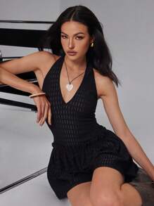 Roylia Women's V-Neck Sexy Backless Tie Strap Black Textured Jumpsuit - Black - View 4