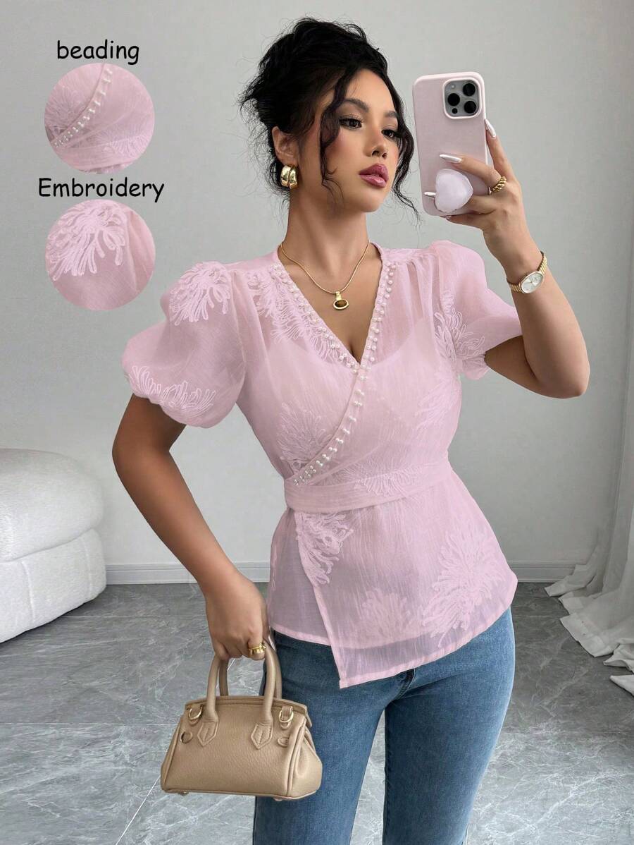 Elenzga Women's Embroidered Regular Vacation Summer Shirt - Pink - View 1