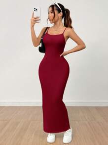 SHEIN PETITE Women's Basic White Spaghetti Strap Dress,Summer Dresses For Women - Burgundy - View 4