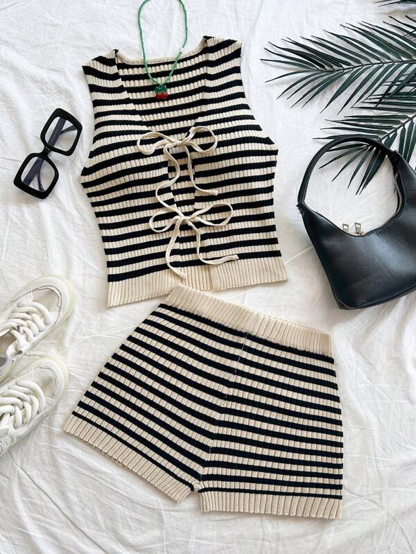 Soleia Women Casual Stripe Drawstring Knit Top + Shorts Set