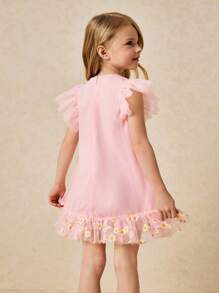 SHEIN Young Girls Elegant Pink Mesh Dress, Spring/Summer - Pink - View 2