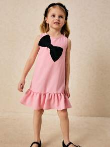SHEIN Gaun Tanpa Lengan Berenda dengan Hiasan Pita Besar Warna Pink Elegan untuk Anak Perempuan, Musim Semi/Panas - Berwarna merah muda - View 5