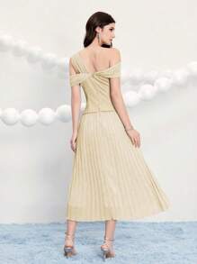 Poshira Women Jacquard Gathered Waist Pleated Cocktail Dress, Party Dress, Prom Dress - Apricot - View 2