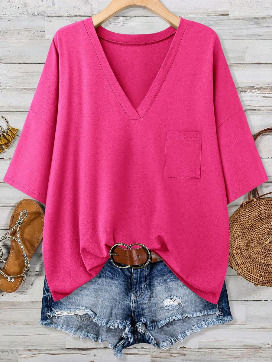 SHEIN LUNE 加大码圣帕特里克节绿色口袋T恤春假波西米亚风狂欢T恤节日春假T恤老钱风格女士狂欢T恤