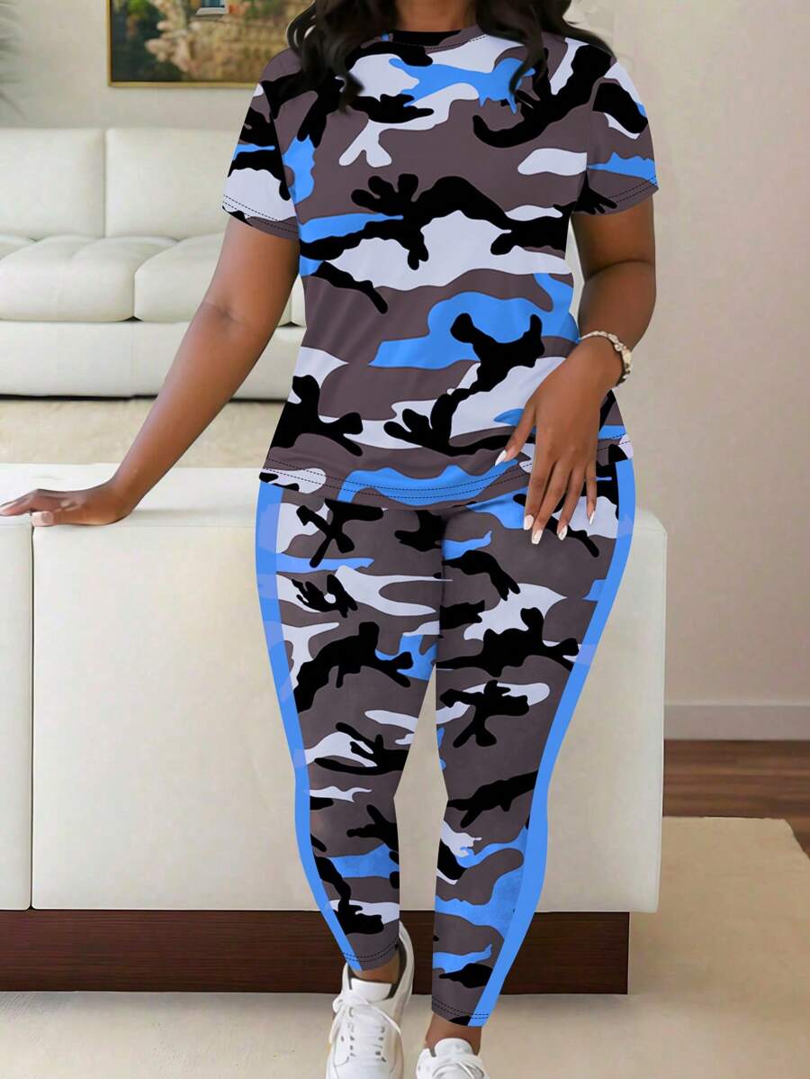 Maweii 2 件大码女式休闲迷彩印花短袖上衣和裤子套装 - 彩色 - 查看 1