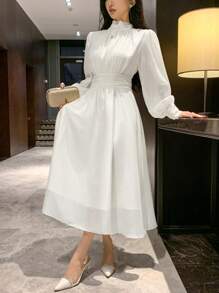 DAZY Đầm midi dáng rộng dành cho nữ dự tiệc và hẹn hò, có chi tiết buộc dây, đầm thường ngày cho nữ, đầm trắng nữ, quần áo sinh nhật nữ, trang phục mùa thu nữ, đầm dài tay, đầm dạ hội, đầm thanh lịch cho nữ. - trắng - Xem 2