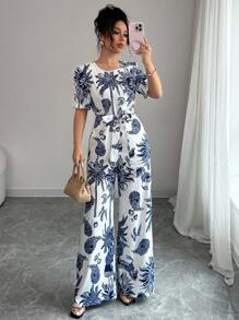 Elenzga Elegant Printed Crew Neck Short Sleeve Jumpsuit For Women