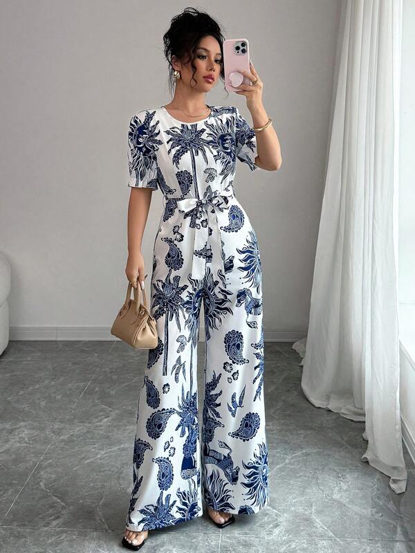 Elenzga Elegant Printed Crew Neck Short Sleeve Jumpsuit For Women