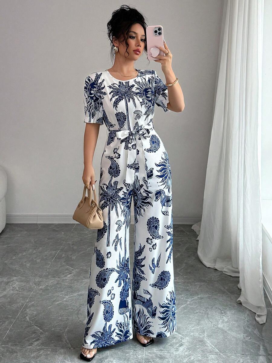 Elenzga Elegant Printed Crew Neck Short Sleeve Jumpsuit For Women