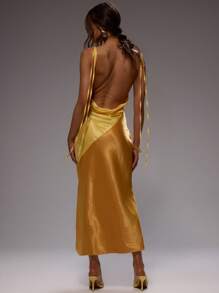 MUSERA 女士长款双色缎面吊带高领连衣裙，适合婚礼宾客穿着，夏季伊比沙岛度假海滩礼服 - 橘色 - 查看 3