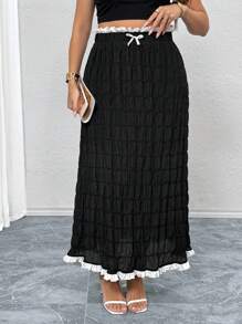 SHEIN Frenchy Plus Size Casual And Elegant Texture Chiffon Color Block Bow Long Skirt - Black - View 3