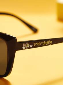 TOM & JERRY X SHEIN Letter & Cartoon Cat Print Geometric Frame Fashionable Fashion Glasses - Black - View 2