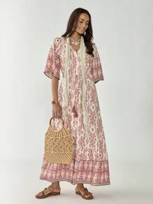 Florisole Summer Women's Vacation Bohemian Floral Print V-Neck Cinched Waist Dress - Pink - View 3