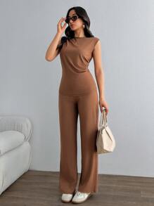 SHEIN Stile casual, colore lucido a costine, top con dettagli raccolti sui lati