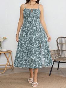 SHEIN Holidaya Plus Size Women's Woven Ditsy Floral Strap Dress With Bowknot Tie, Regular Fit, Spring/Summer - Green - View 5