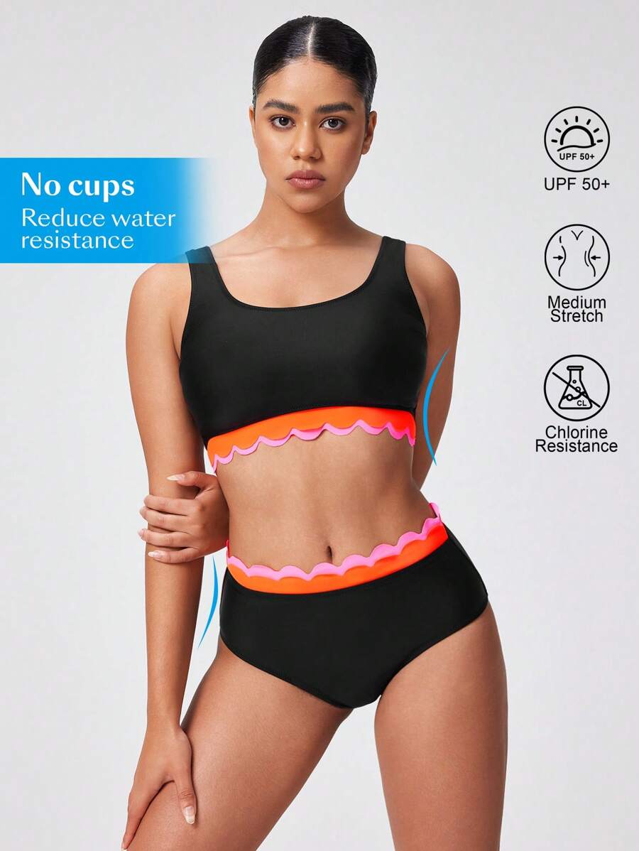 Swim Nautrix Ladies' Competitive Swimwear Set With Sun Protection, Chlorine Resistance, And Lace-Up Vest For Summer Beach Vacation - Black - View 1