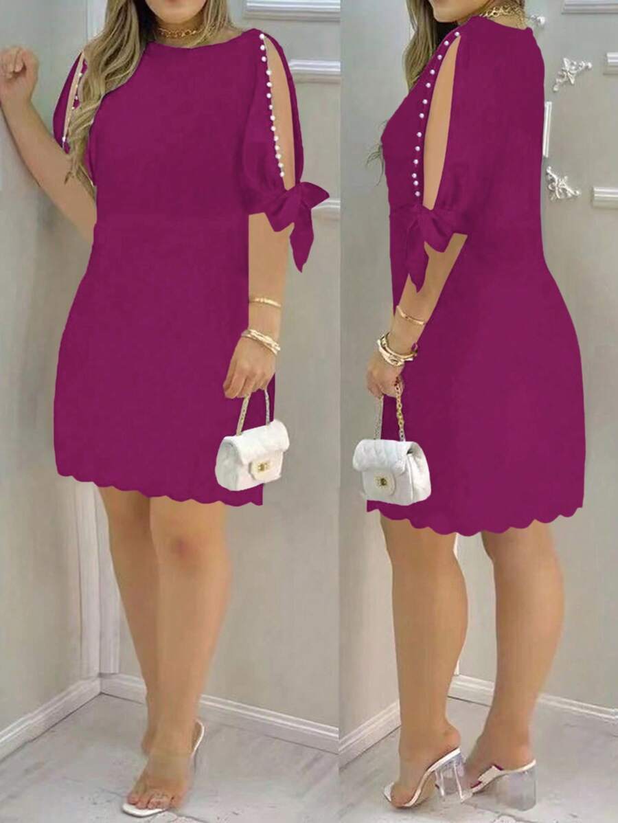 SHEIN Clasi Women's Solid Color Open Shoulder Elegant Beaded Midi Dress - Red Violet - View 1