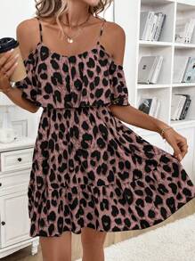 SHEIN Clasi Women's Leopard Print Cold Shoulder Ruffled Hem Shoulder Strap Casual Dress For Autumn Travel - Pink - View 6