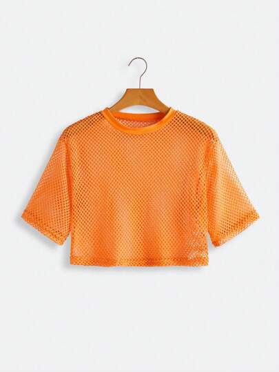 SHEIN ICON Summer Solid Y2k Crop Mesh Top Without Bra