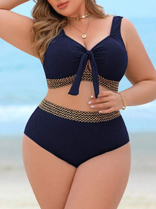Swim Lushoire Plus Size Women 2 Pieces Swimwear Set, Ribbed Fabric With Chest Tie, Underbusts Band Decor, High Waist Shorts, Sexy & Elegant For Beach Holiday