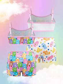 SHEIN X Care Bears Jeune fille Ensemble de lingerie Top camisole et culotte imprimé mignon et douillet d'ours de bande dessinée pour le printemps