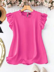 DreamSkyne Áo cánh tay lỡ trơn viền bèo cỡ lớn cho nữ - Màu Hồng Tươi - Xem 1