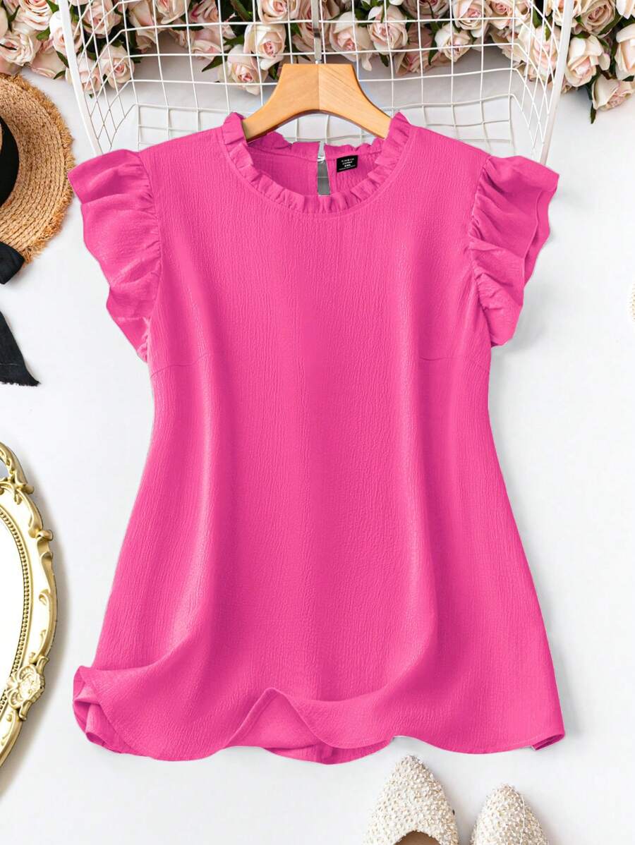 DreamSkyne Áo cánh tay lỡ trơn viền bèo cỡ lớn cho nữ - Màu Hồng Tươi - Xem 1