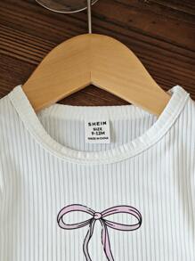 Baby Girl/Infant Casual Bow Knitted Short Sleeve Cropped Tee Shirt, Spring/Summer - White - View 3