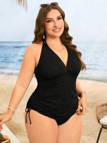 Swim Lushoire 2pcs/Set Plus Size Women Solid Color Tie Side Tankini Top & High Cut Brief Bottoms Casual Beach Swimsuit For Summer Beach Vacation - Black - View 3