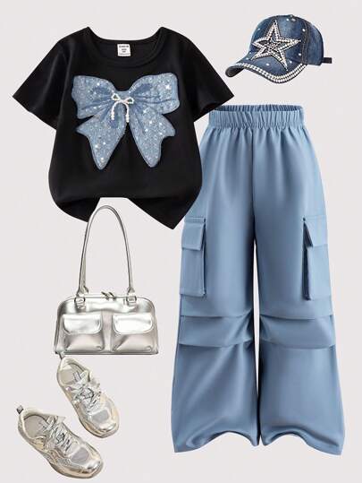 Elladie kids طقم صيفي من تي شيرت أسود بأكمام قصيرة مع فيونكة زرقاء لامعة وبنطلون كارجو، قطعتين للبنات