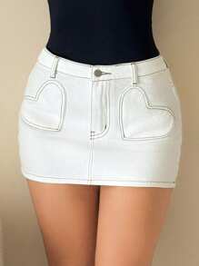 SHEIN ICON Women Going Out White  Heart Pocket Elastic Waist Casual Versatile Denim Mini Skirt For Spring Summer Everyday Wear - White - View 3