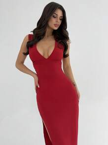 Firerie Đầm Maxi hở lưng không tay xẻ cao xếp ly chữ V sâu màu đỏ thời trang dự tiệc/hẹn hò thanh lịch cổ điển mùa xuân/hè gợi cảm - Đỏ - Xem 4