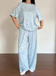 DAZY Ditsy Floral Loose Fit Short Sleeve Top And Pants Pajama Set - Baby Blue - View 3