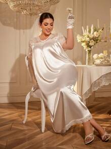 SHEIN Plus Size Lace Patchwork Faux Silk Loose Long Nightgown - White - View 4