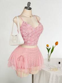 SHEIN ICON Váy xòe cao cấp ren & lưới hai lớp xếp ly buộc eo cho nữ cỡ lớn - Hồng - Xem 5