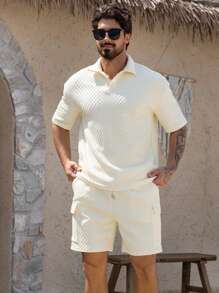 DAZY Men's Beige Textured Polo Shirt & Shorts Set, Summer - Beige - View 4