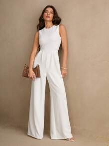SHEIN Tall Casual Elegant Sleeveless Wide-Leg Black Jumpsuit - White - View 1