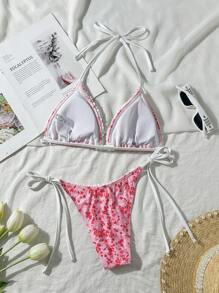 SHEIN Swim Women Summer Beach Vacation Sweet Lovely Random Printed White Frill Tie Bikini Set - Multicolor - View 3