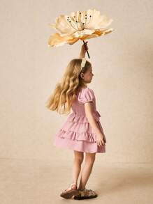 SHEIN Young Girls & Elegant Pink Cable Knit Puff Sleeve Top And A-Line Cake Skirt 2 Pieces Set, Spring & Summer - Pink - View 4