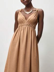 Lumivelle Summer Casual Solid Color V-Neck Ruched Dress - Brown - View 1