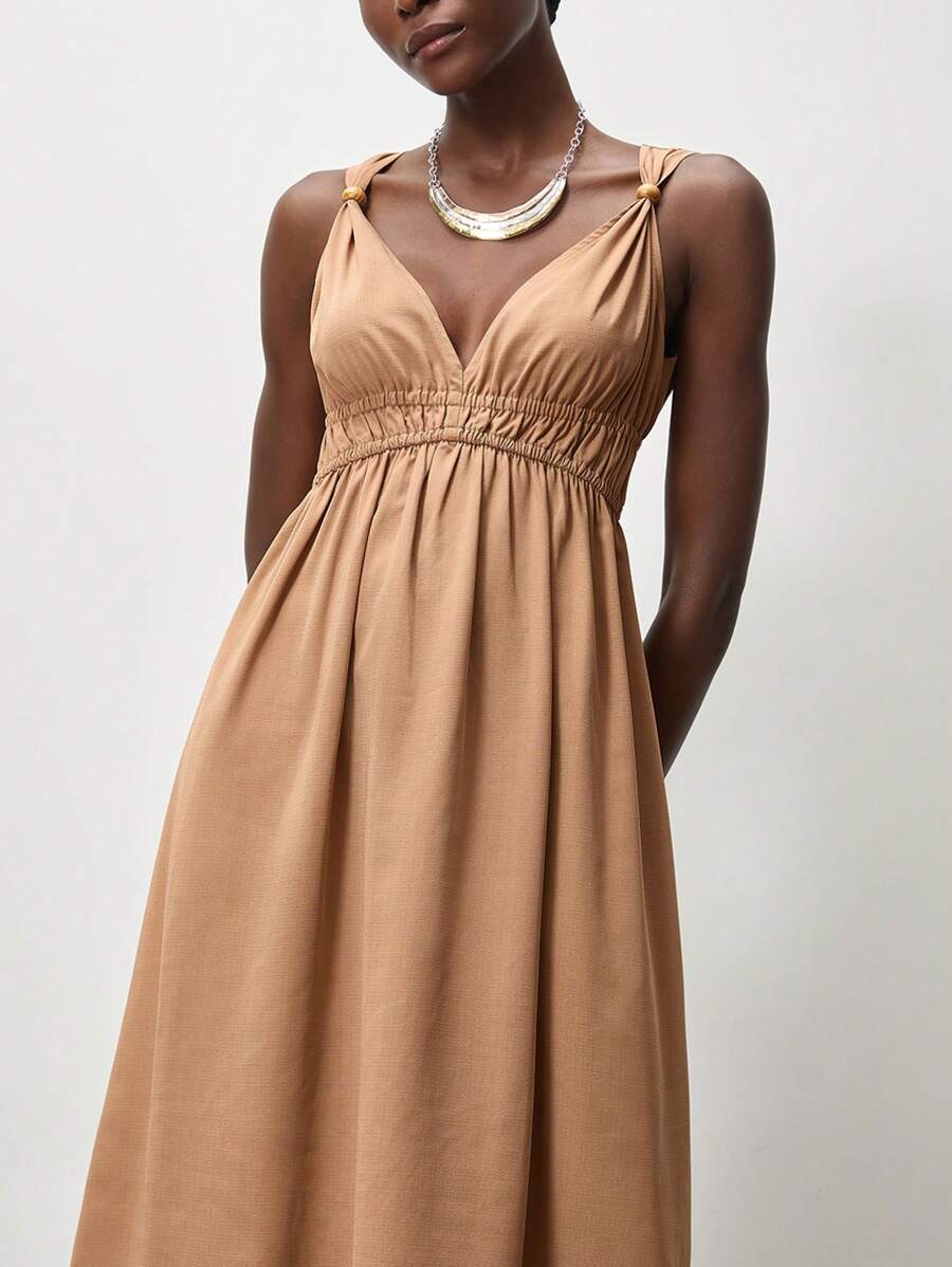 Lumivelle Summer Casual Solid Color V-Neck Ruched Dress - Brown - View 1