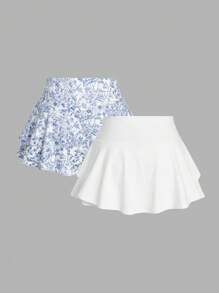 SHEIN EZwear Bộ 2 quần short in họa tiết xanh trắng cho nữ, mùa hè - Xanh và trắng - Xem 2