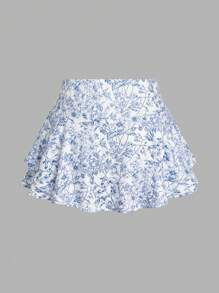 SHEIN EZwear Bộ 2 quần short in họa tiết xanh trắng cho nữ, mùa hè - Xanh và trắng - Xem 3
