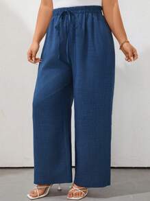 SHEIN LUNE Plus Size Solid Color Fashionable Pants, Suitable For Summer - Blue - View 4