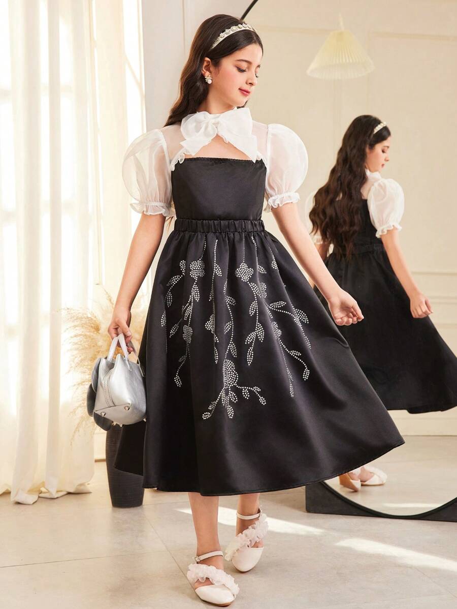 SHEIN Tween Girls Gorgeous Puff Sleeve 2 Pieces Princess Dress Set, Suitable For Graduation Ceremony, Birthday Party - Black - View 1