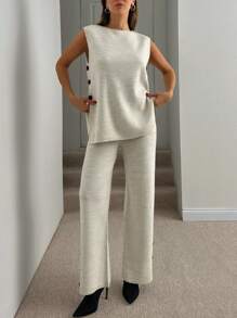 EURMUSE Elegancki zestaw tuniki i spodni z bocznymi guzikami, dzianinowe komplety