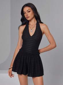 Roylia Women's V-Neck Sexy Backless Tie Strap Black Textured Jumpsuit - Black - View 6