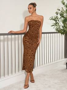 Lavishia Lace Floral Decor Midi Tube Dress  Summer Outfits For Women - Coffee Brown - View 1