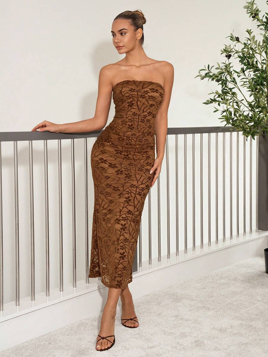 Lavishia Lace Floral Decor Midi Tube Dress  Summer Outfits For Women - Coffee Brown - View 1